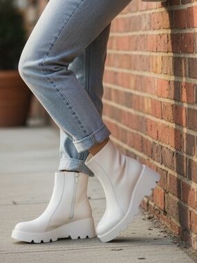 Naked Feet Chunky Lug Leather Ankle Booties in Off-White